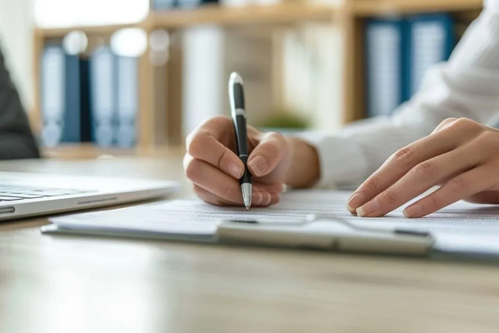 Signature d'un document juridique sur un bureau